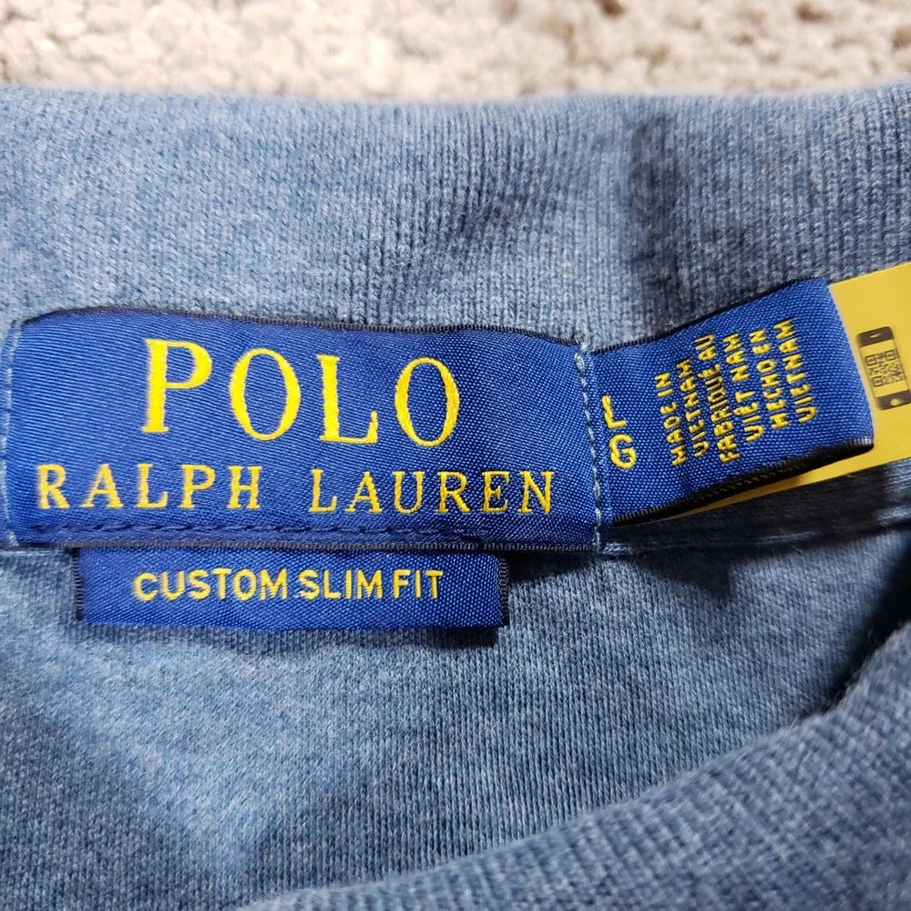 Ralph Lauren Mens Large Custom Slim Fit Polo Shirt Blue Heather Flesh Pony